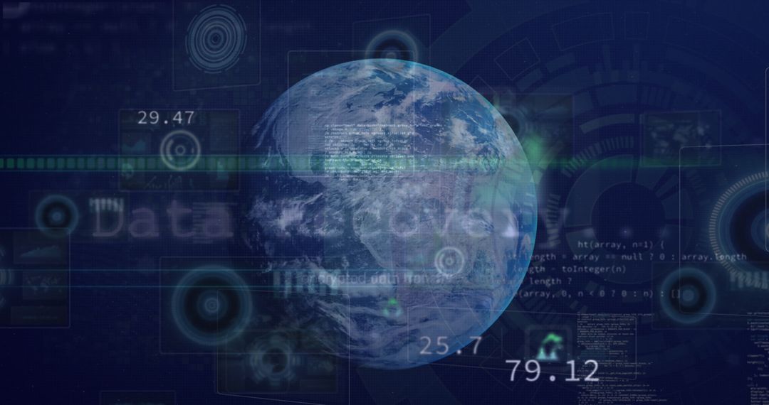 Digital Globe with Futuristic Data Metrics on Dark Background