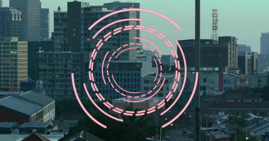 Futuristic Digital Overlay on Urban Skyline at Dusk