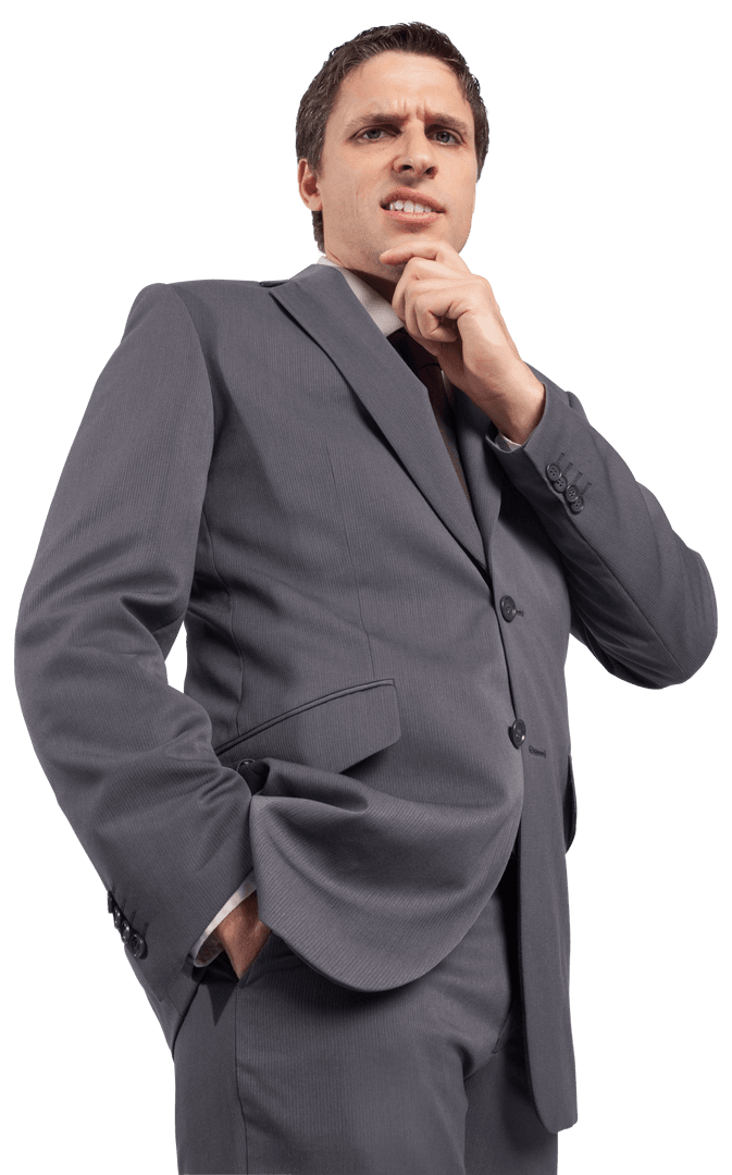 Transparent Thoughtful Businessman With Hand on Chin in Formal Suit