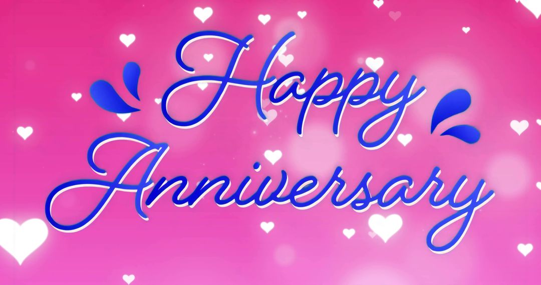 Happy Anniversary Elegant Blue Script on Pink Heart Bokeh Background for Romantic Greeting