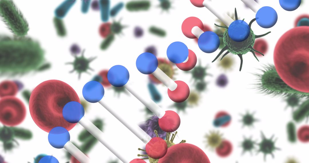 Colorful DNA Strand Surrounded by Blood Cells and Bacteria in Digital Art