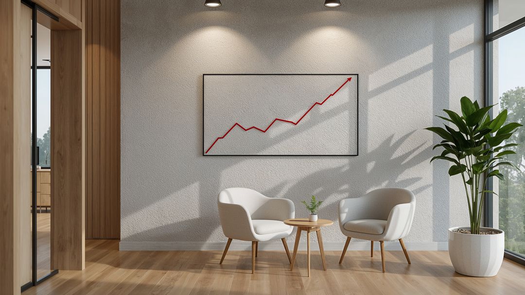 Modern Office Lounge with Minimalist Decor and Framed Graph