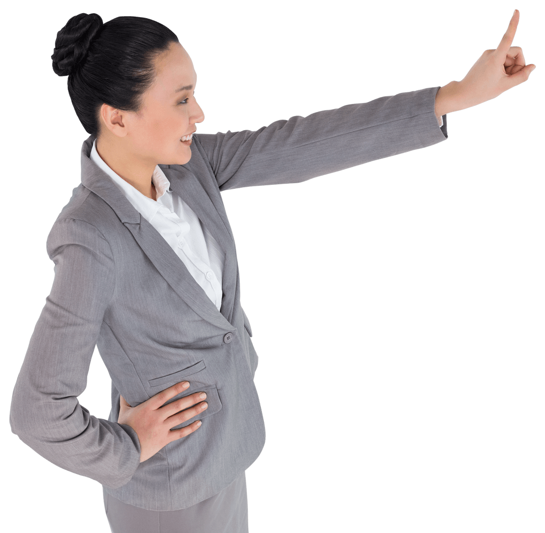 Confident Asian Businesswoman Pointing with Optimism Transparent Background