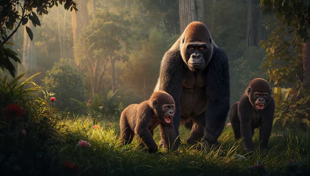 Protective silverback leading two juvenile gorillas through misty forest glade at sunrise