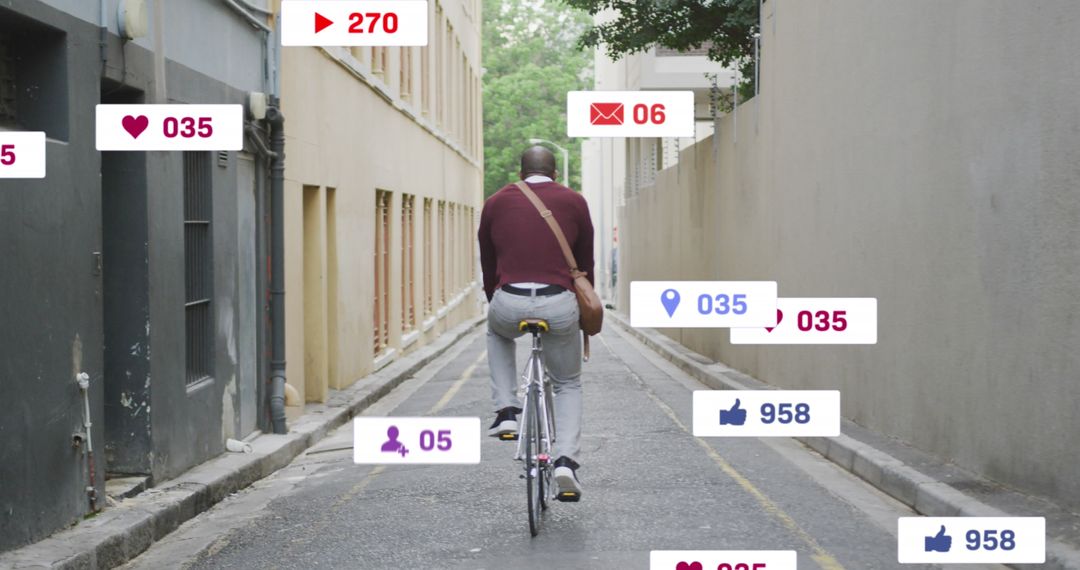 Digital Connectivity: Man Biking in Urban Environment