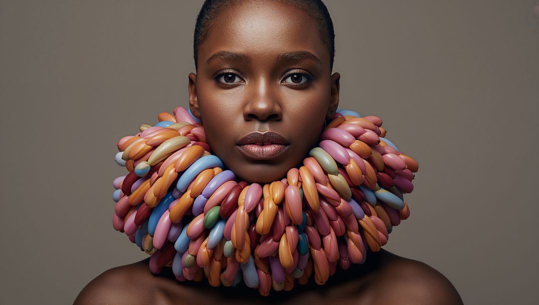 Model wearing sculptural colorful bead collar, glossy editorial fashion portrait with bold texture