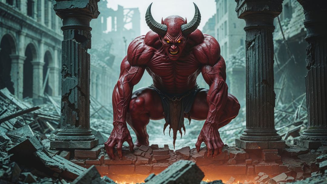 Red Horned Demon in Gothic Ruins with Glowing Chasm