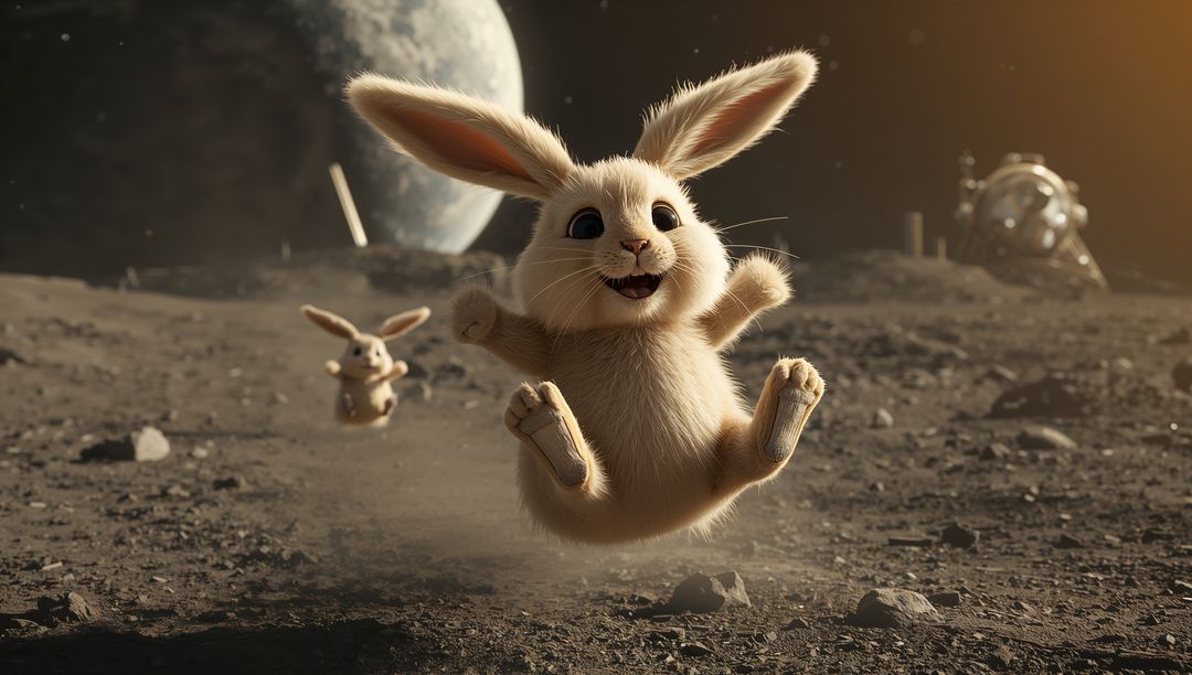 Leaping rabbit floating across lunar regolith with trailing bunny and vintage lunar lander