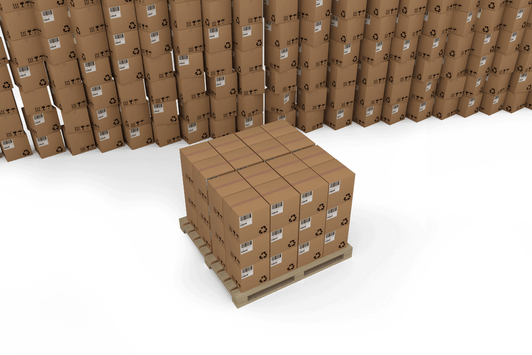 Pile of Transparent Shipping Boxes on Wooden Pallet