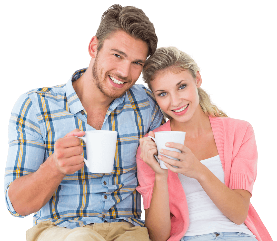 Smiling Young Couple Holding Mugs on Transparent Background