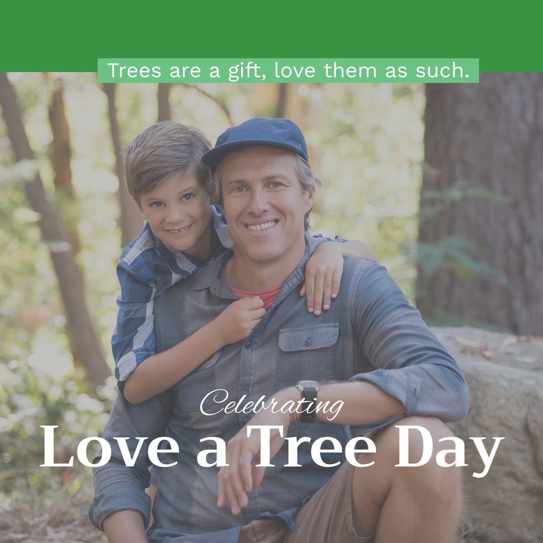 Father and Son in Forest Celebrating Love a Tree Day