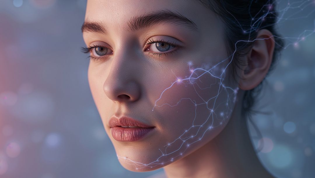 Closeup Female Face Revealing Neural Light Overlay, Futuristic AI Augmentation and Digital Circuitry