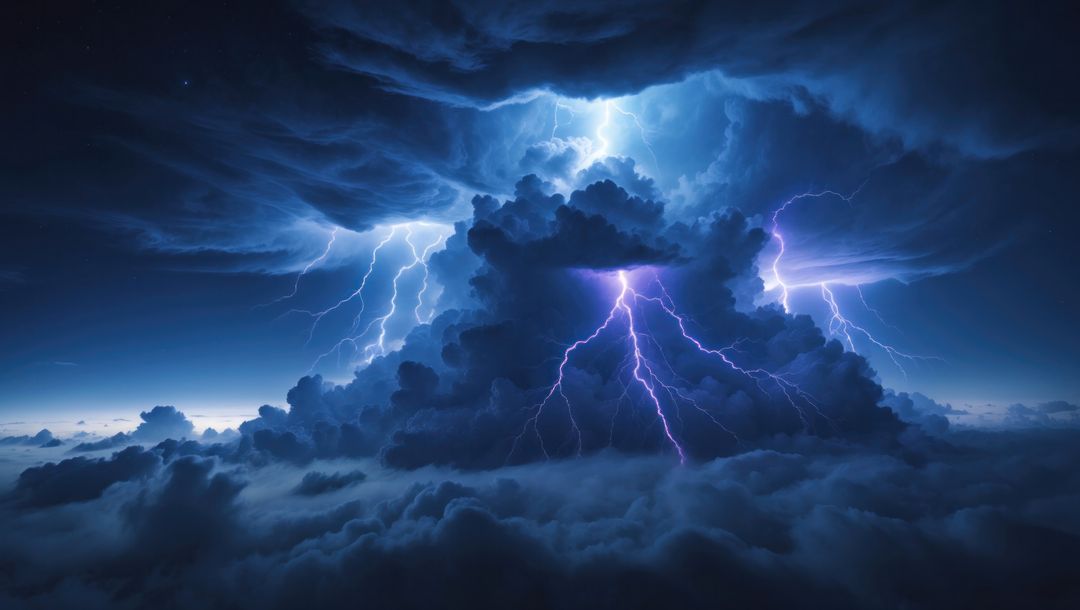 Dramatic Thunderstorm with Towering Clouds and Striking Lightning
