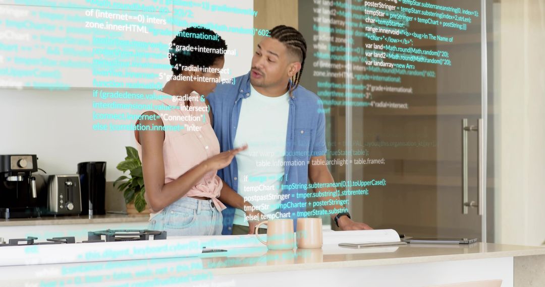 Couple Discussing Smart Home Project at Kitchen Island with Digital Code Overlay