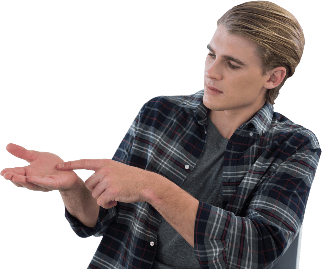 Transparent Background Man Pointing at Hand for Product Concept