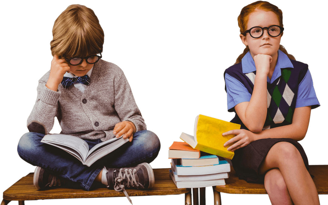 Curious Schoolchildren Reading Books on Transparent Background