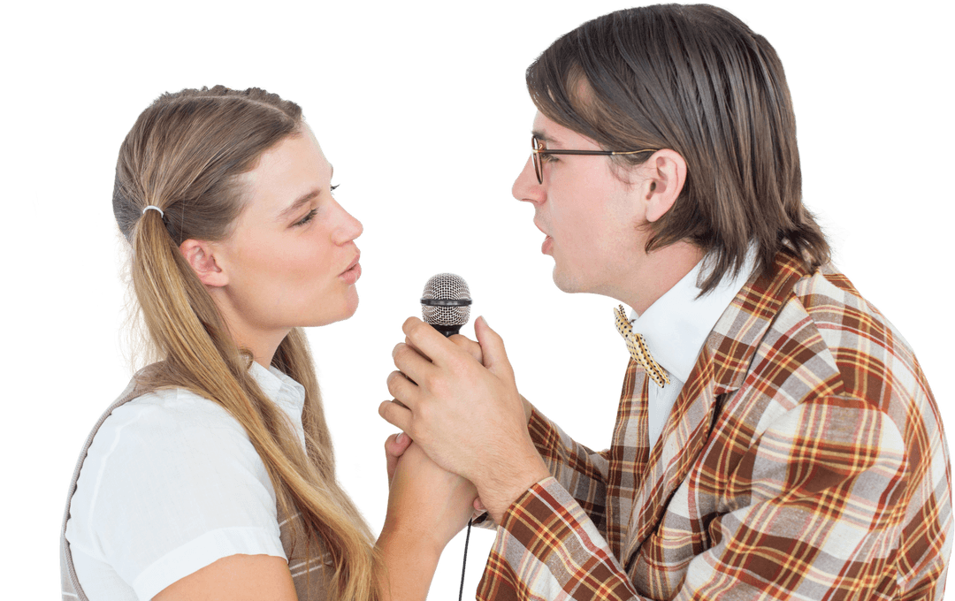Transparent Geeky Hipsters Joyfully Sharing Microphone Duet
