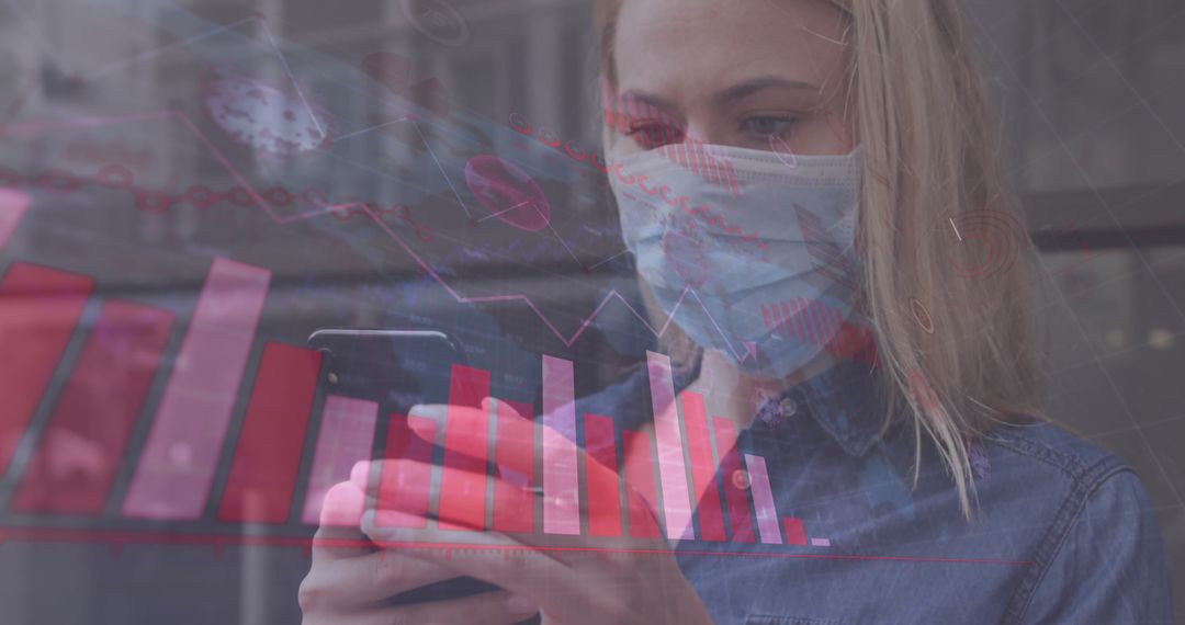 Woman with Face Mask Using Smartphone Amid Financial Charts Overlay