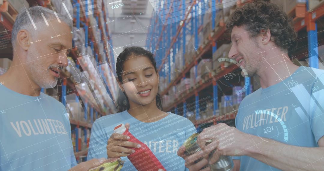 Smiling Volunteers Collaborating in Charity Warehouse with Data Overlay
