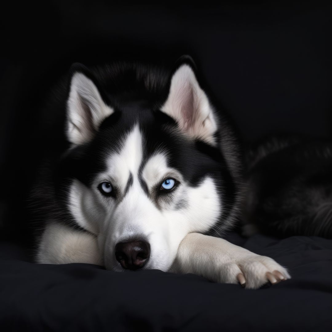 Siberian Husky with Blue Eyes Laying on Dark Background - Free Images, Stock Photos and Pictures on Pikwizard.com