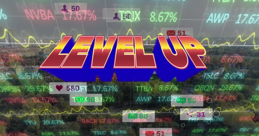 Level Up and Data Overlay on Cityscape Illustrating Progress and Connectivity