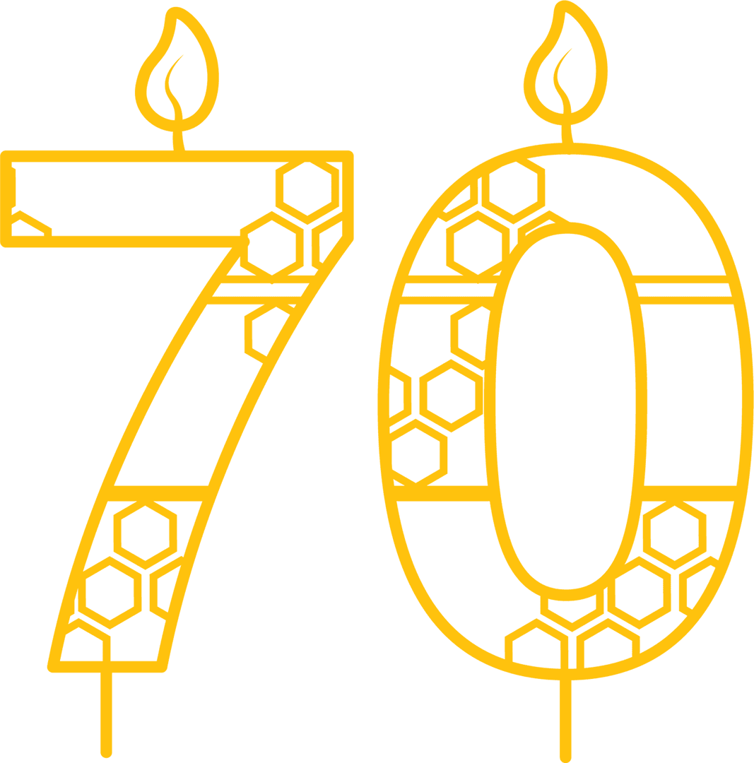Joyful Yellow 70 Celebrating Milestone with Flames and Hive Motif
