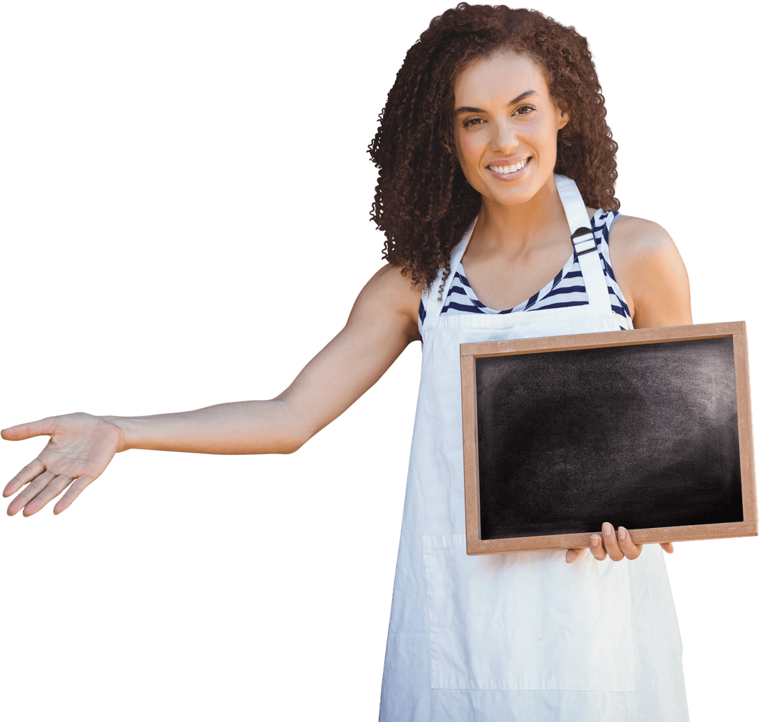 Smiling Woman with Chalkboard on Transparent Background