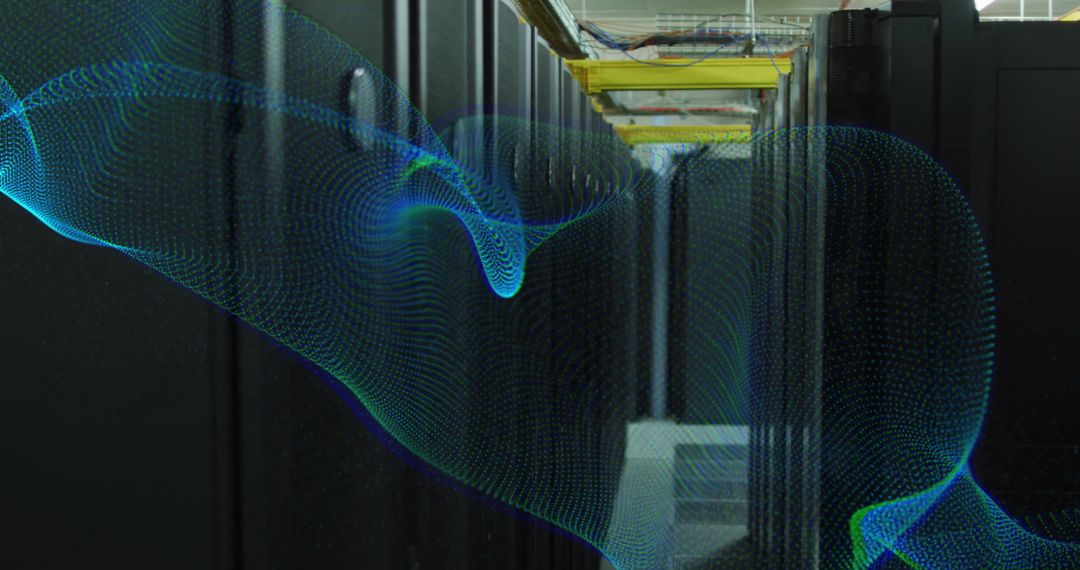 Blue Digital Wave Flowing Through Modern Server Room