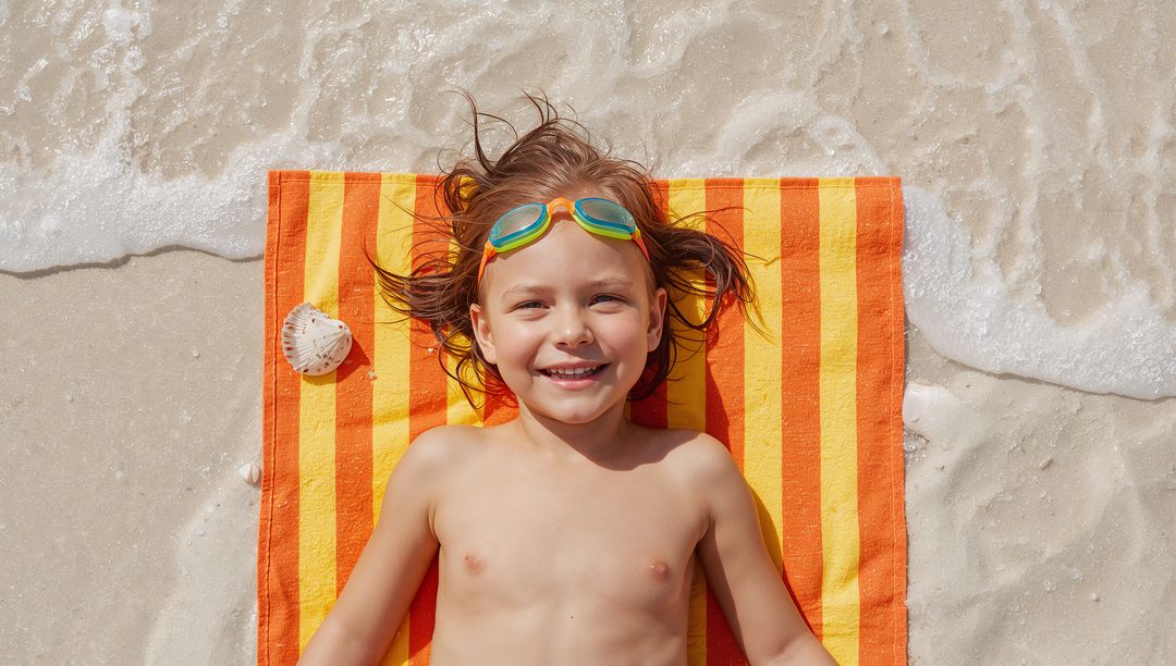 Smiling Child Sunbathing on Orange Striped Towel at Shoreline Wearing Colorful Goggles