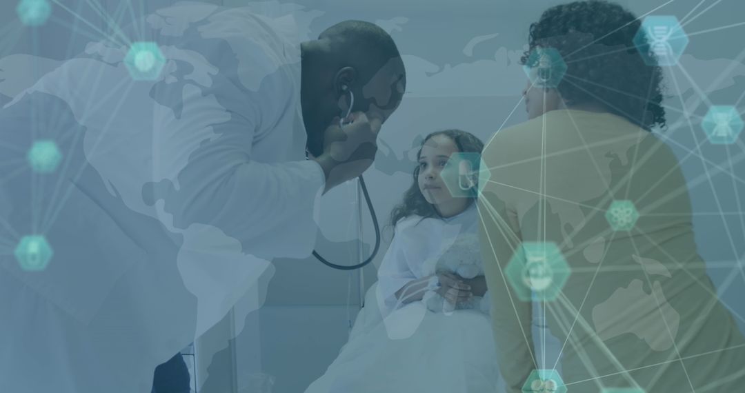 Doctor Treating Young Patient with Global Medical Data Visualization