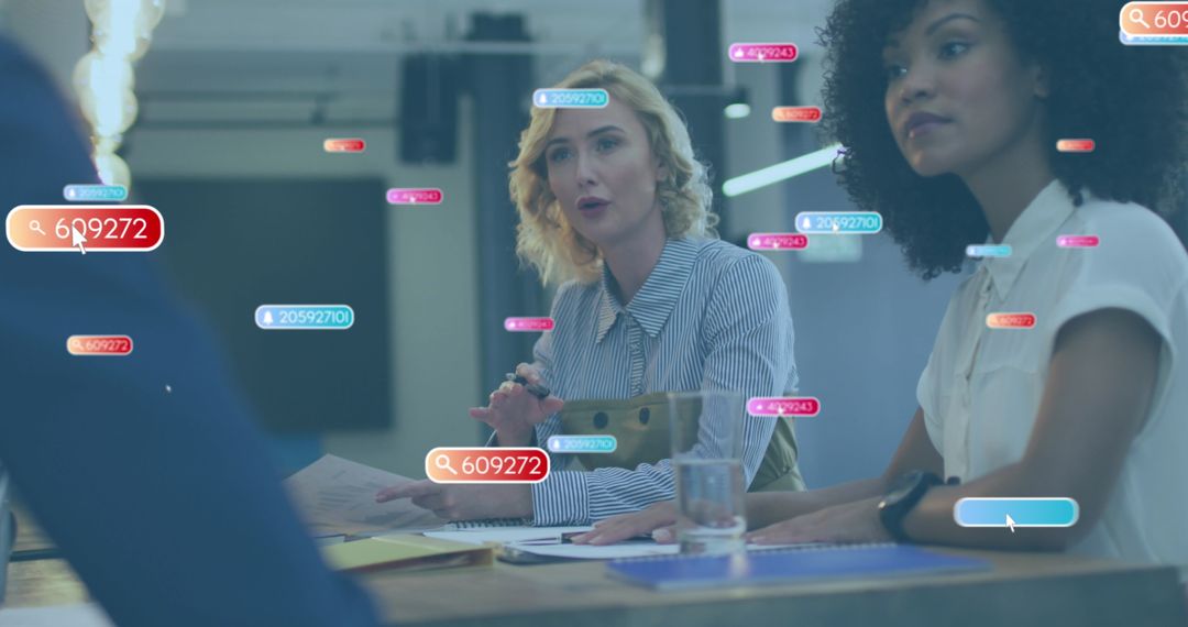 Business Meeting with Floating Social Media Technology Imagery