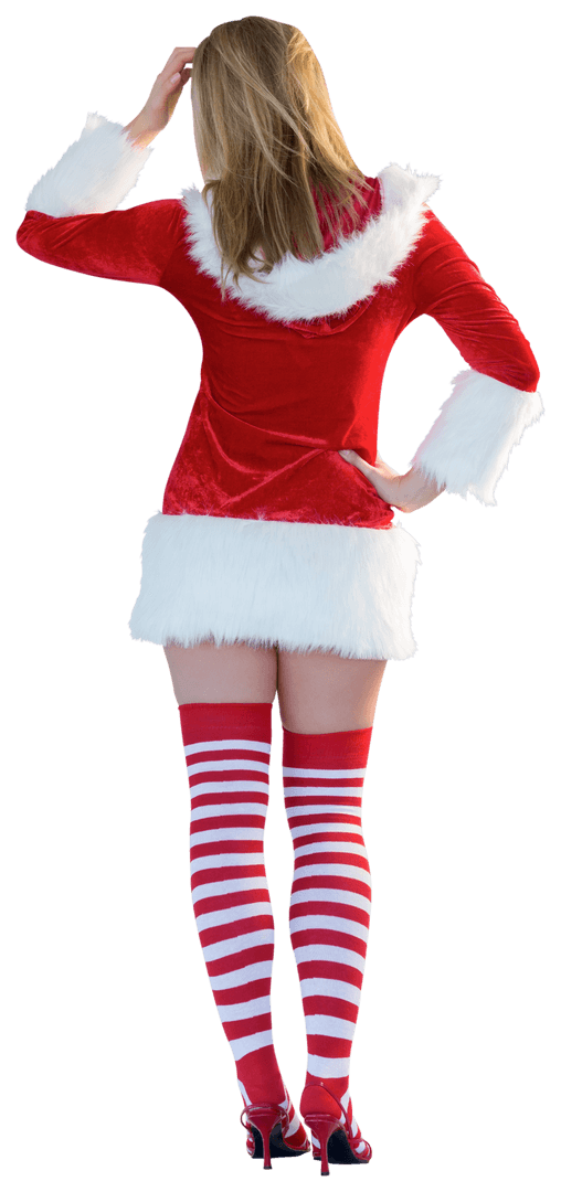 Rear View of Santa Girl in Festive Outfit with Red Striped Stockings