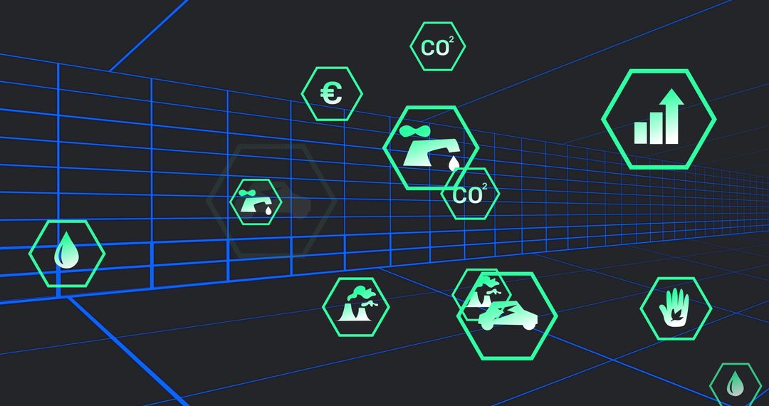 Digital Icons in Futuristic Tunnel Highlighting Sustainability