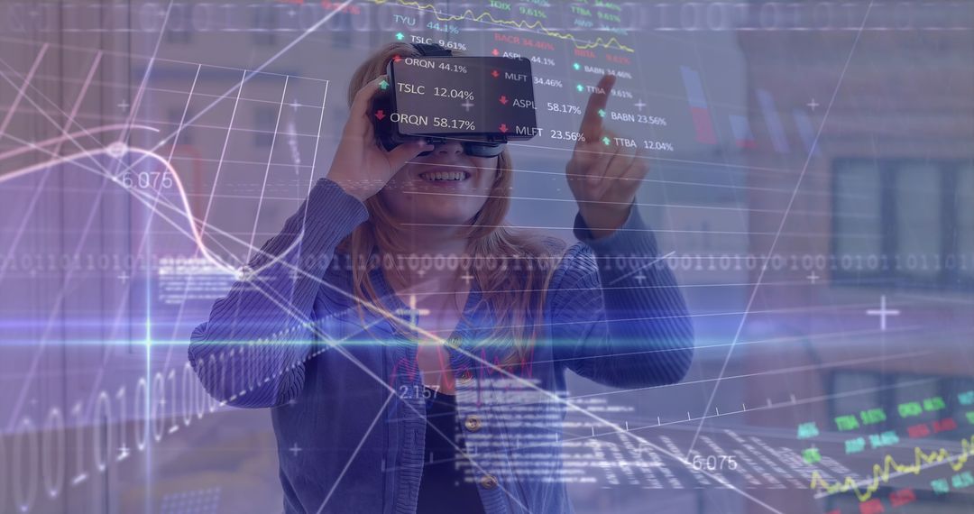 Woman Experiencing Virtual Reality Stock Market Analysis