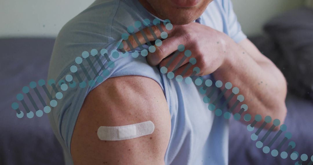 DNA Strand Overlay on Arm with Bandage Reflecting Genetics Research