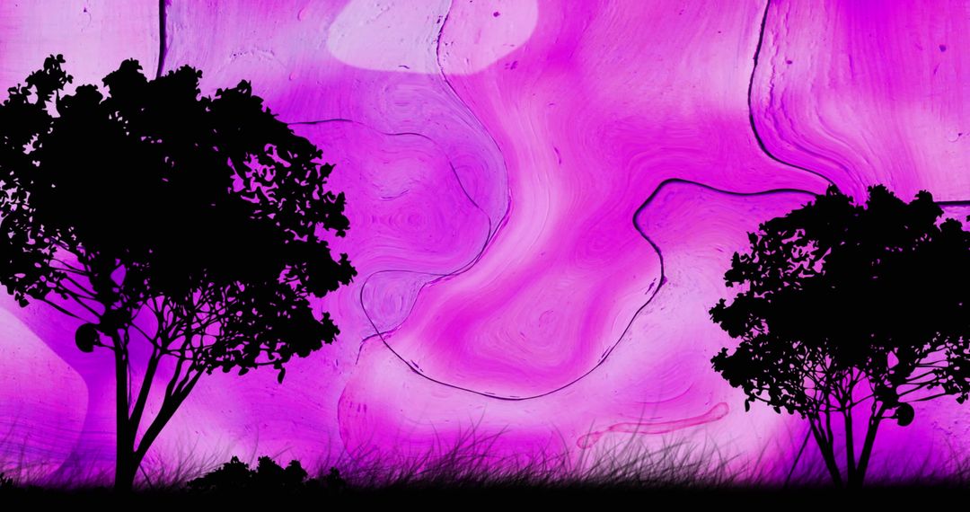 Tree Silhouettes on Wavy Purple Abstract Background