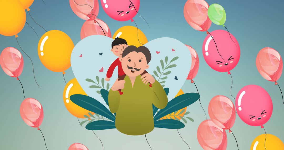 Father and Son Celebrating with Colorful Balloons