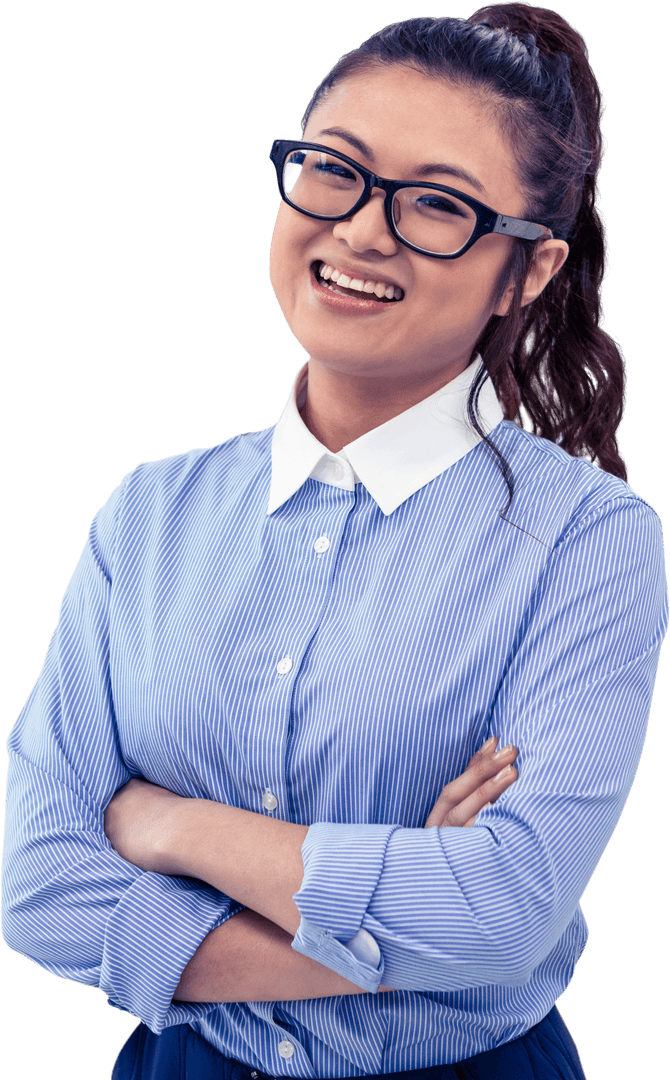 Transparent Businesswoman with Glasses Smiling Confidently