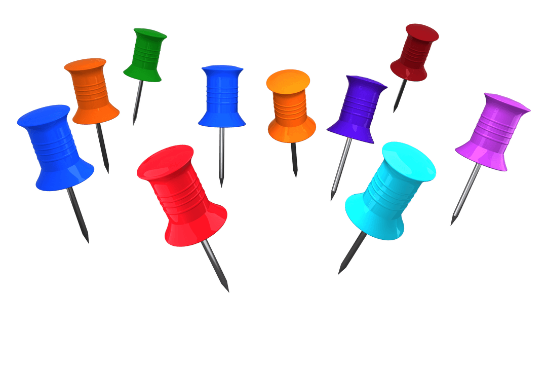 Colorful Office Push Pins on Transparent Background