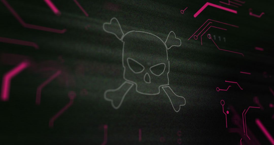 Cyber Security Threat Concept with Skull and Circuit Overlay