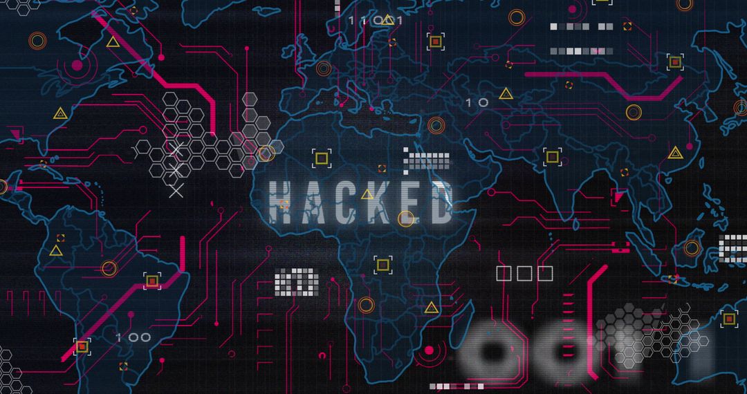 Global Cybersecurity Breach with Digital World Map and Technology Elements