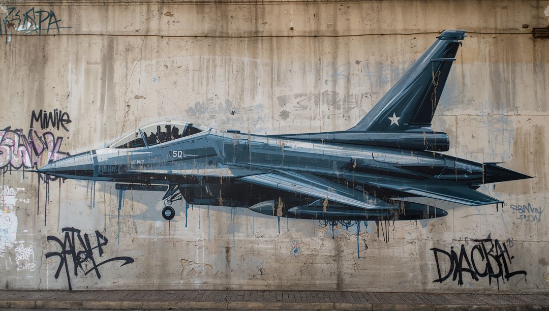 Intricate Fighter Jet Mural on Urban Concrete Wall with Graffiti