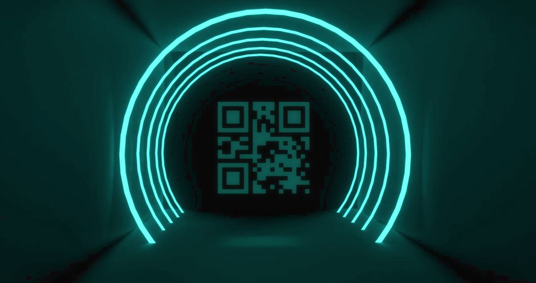 Futuristic Green QR Code with Neon Circular Lines in Dark Tunnel