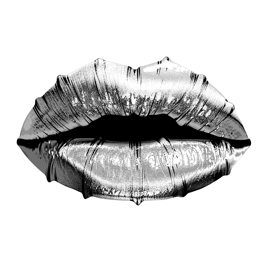 Stylized Metallic Silver Lips on Transparent Background