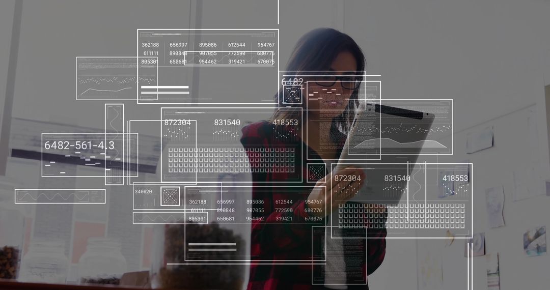 Innovative Businesswoman Engaging with Augmented Data Displays Indoors