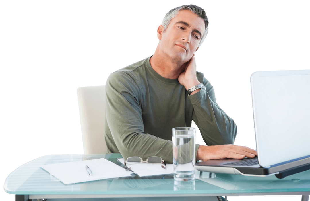Transparent Man Experiencing Neck Pain While Using Laptop at Desk