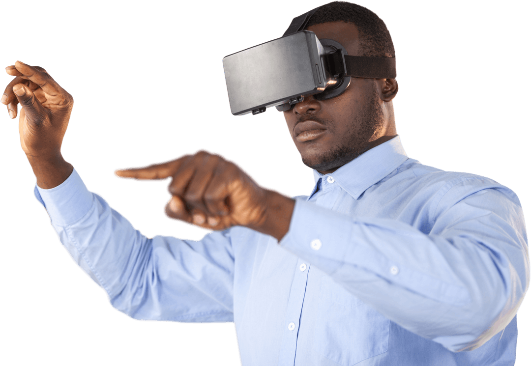 Man Engaging with Virtual Reality Experience on Transparent Background