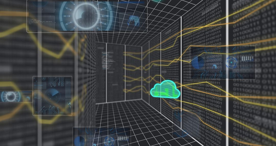 Futuristic Digital Server Room with Cloud Computing Elements