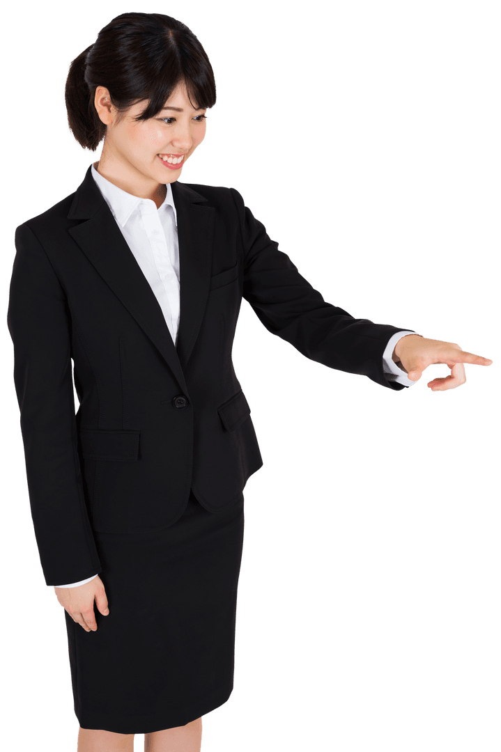 Transparent Businesswoman Pointing with Smile on White Background
