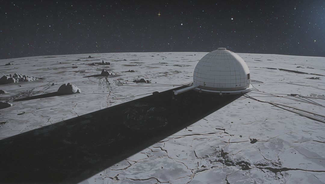 White lunar dome casting long shadow across cracked moon plain with cables and tracks